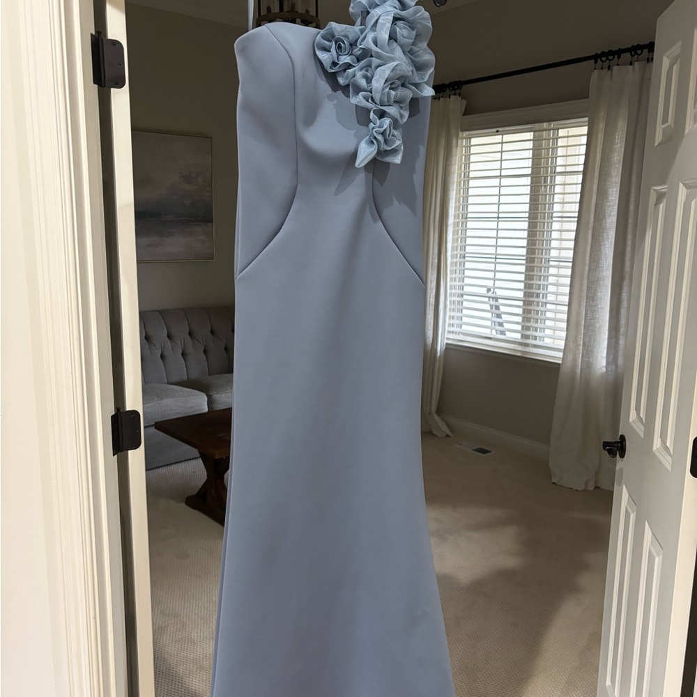 One Shoulder Floral Embellished MGNY Light Blue Dress